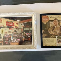 Vintage Coca-Cola Framed Art Set – Candy Shop Photo & Classic Ad (17x14 & 10x13)