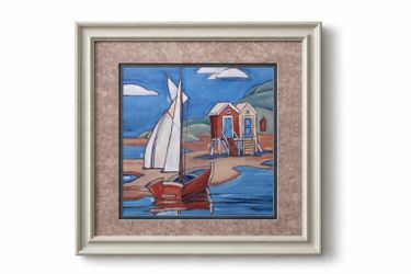 Large Coastal Framed Wall Art – Nautical Boat & Beach House Painting
