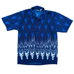 Vintage Y2K Anchor Blue Skull Flame Button Down Shirt Size Medium