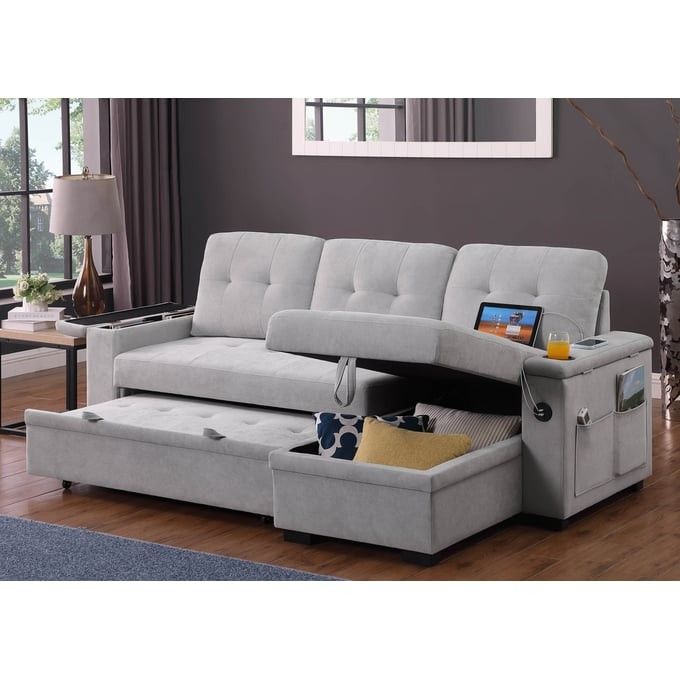 Grey Sectional Woven Fabric Reversible Sleeper Sofa Pull Out NEW 84x53