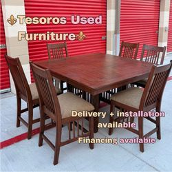 Mission style pub height dining set