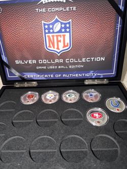 NFL 6 Team Silver Dollar Game Used Ball Edition With Box Sealed Coins
