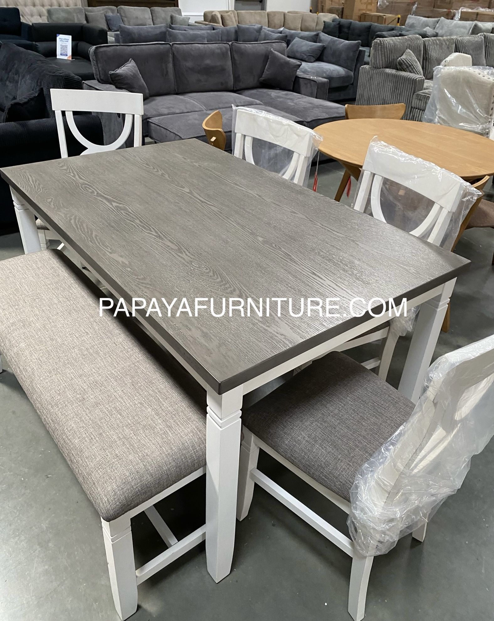New! 6pcs White Rustic Dining Set, Dinette Set, Kitchen Table And Chairs, Table, Chairs, Bench, Casual Dining Set, Rectangular Dining Table, Dining Ro
