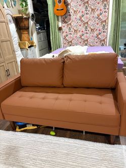 Brown Faux Leather Tufted Loveseat Sofa