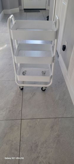 3-Tier Rolling Utility Cart, Storage Organizer, Lockable Wheels, Multifunctional Storage, Portable  White