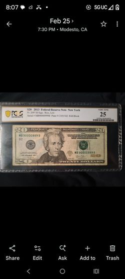Grated $20 bill fancy serial number