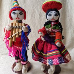 Handcrafted Peru Traditional Embroidered Costume Folk Art Dolls Woman & Man