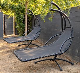 Set of 2 Modern Hanging Chaise Lounge Chairs w/ Stands – Black Outdoor Patio