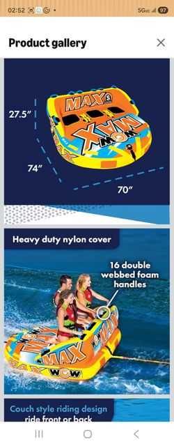 Wow Sports - Max Inflatable Towable Deck Tube - Boating Accessory - Fits Kids & Adults - Up to 3 Riders