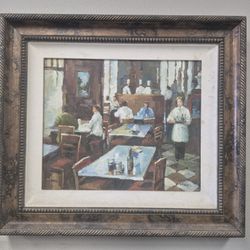 framed oil painting depicting the interior of a busy restaurant or diner, possibly the Sportsman Restaurant, signed "Shaw