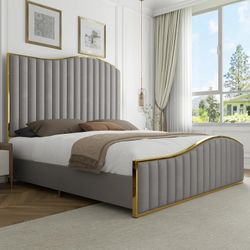 King Size Platform Bed Frame 61.4" Vertical Channel Gold Trim Headboard with Footboard Grey