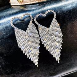 Big Silver Rhinestone Heart Earrings 