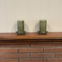 2 Pillar Candles + Matching Saucers