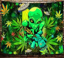 Cosmic Alien Smoking UFO Space Art Vibrant Cannabis Leaf Wall Tapestry 16"× 24"