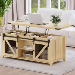 48" Farmhouse Lift Top Coffee Table with Storage, Sliding Barn Door & Adjustable Shelf,Oak