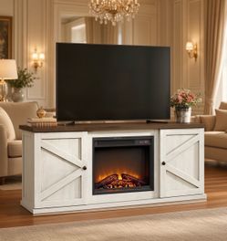 Fireplace TV Stand for TVs up to 65 Inches, 18-Inch Electric Fireplace with Remote, Farmhouse Entertainment Center, Media Console Table for Living Roo