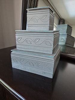 Decorative Wood Boxes. Big Box Is 9×9 Inches, Medium Is 7x7 Inches And The Snsll One Is 4×4 Inches.
