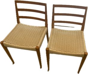 2 Wooden Chairs, White Seats