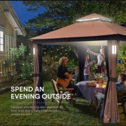 10x12 Gazebo Soft Top with LED&Bluetooth Canopy Tent 2-Tier Curtain Double Roof