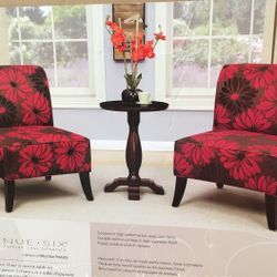 Set of Accent Chairs - Brown and Red Flower  Pattern