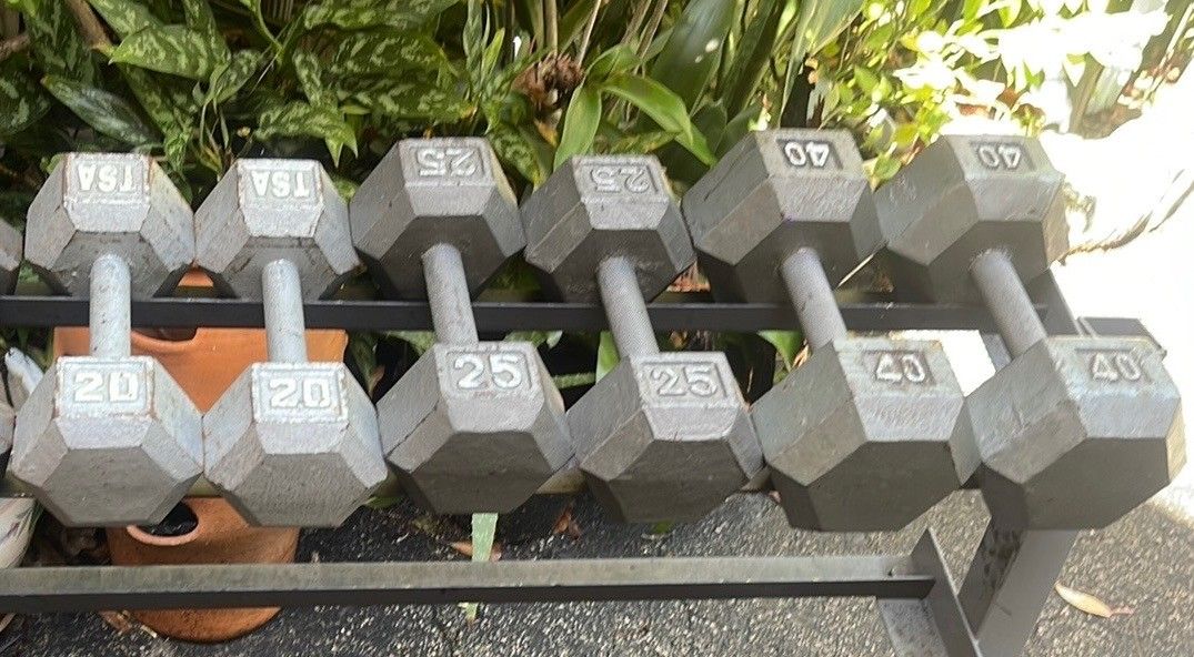 SET  OF  DUMBBELLS  (PAIRS OF)  :  20s  25s  40s  •    (Does Not Come With The Rack)