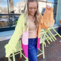 LOVE RICHE Neon Yellow Pink Orange Color Block Boho Fringe Slouchy Open Cardigan