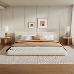Merax Queen Size Low Profile Floor-Hugging Platform Bed, Platform Bed Frame with 27.45'' Headboard, 800lb WeightCapacity, Upholstered Modern Bed in Fa