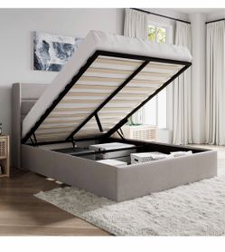 Queen Size Lift Up Hydraulic Storage Bed Frame Light Beige