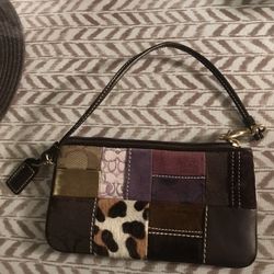 Coach Brown Leather Calf Hair Suede Zipper Strap Pouch Wallet