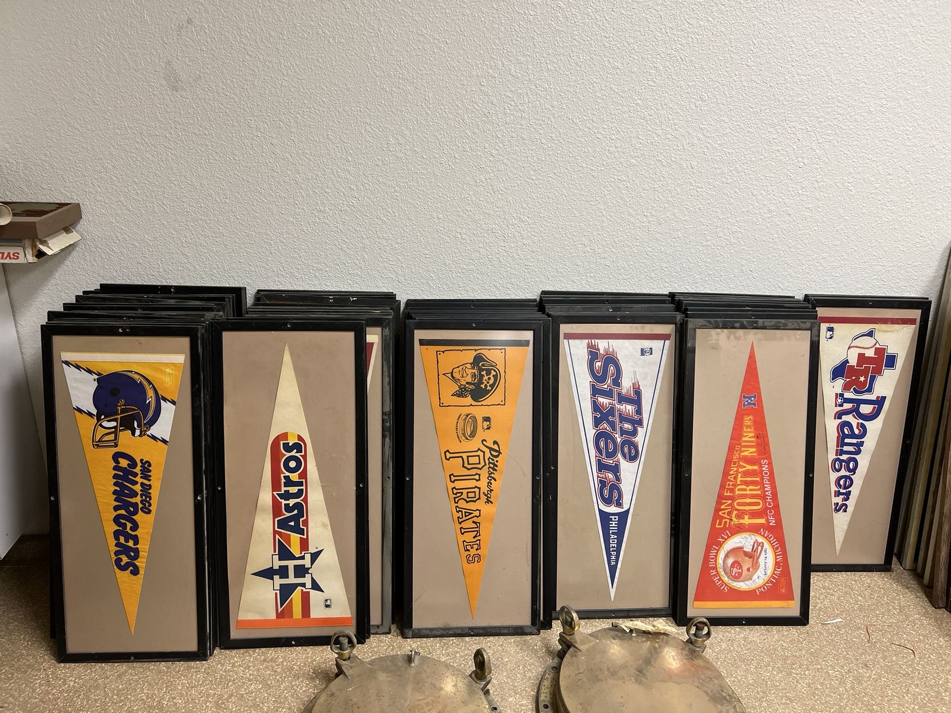 Vintage Sports Team Pennants 60+ Count All Framed