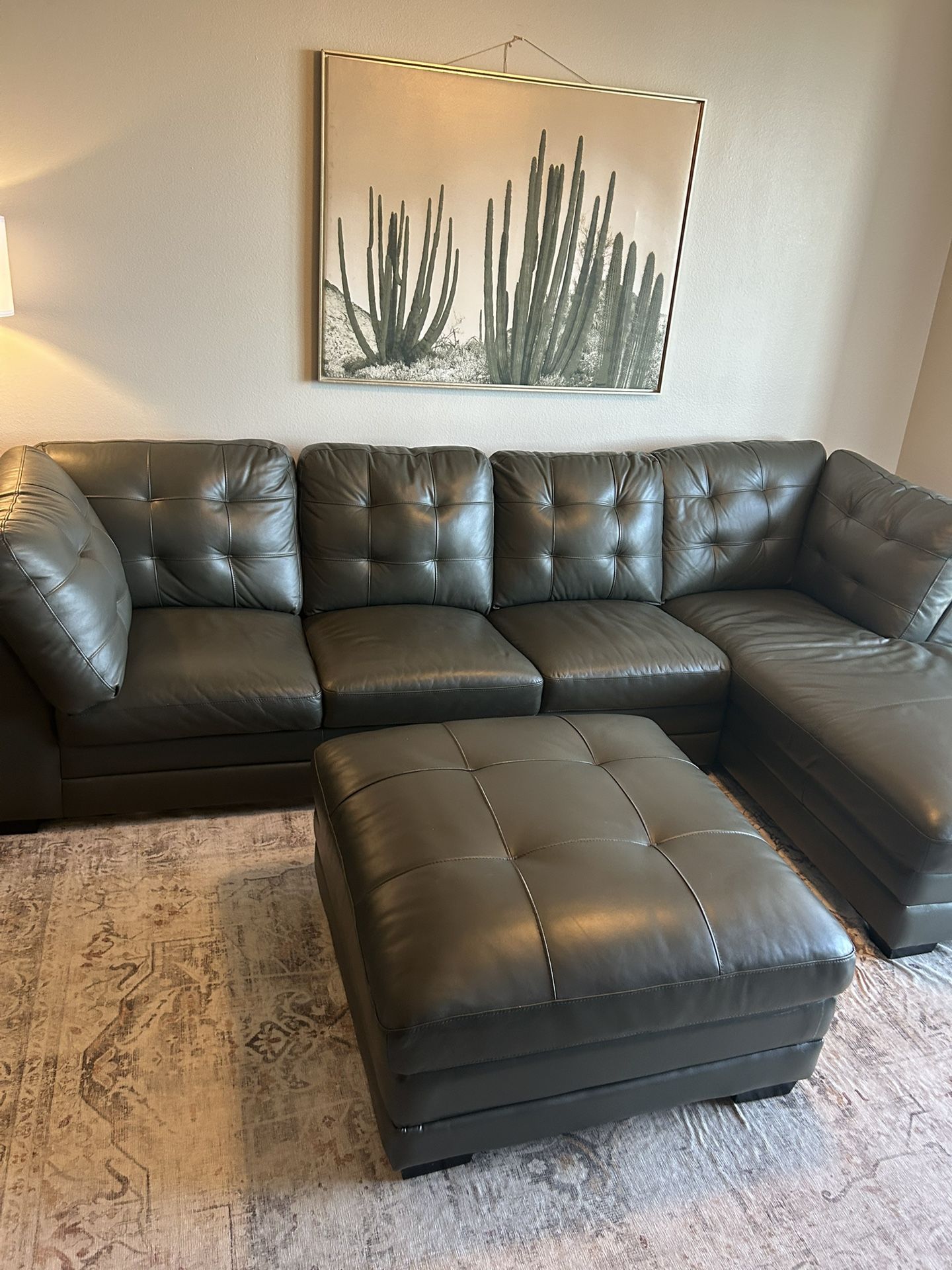 Living Spaces Leather Sectional + Ottoman
