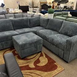 Grey Corduroy Sectional Sofa With Ottoman 