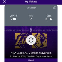 Lakers vs Mavs 2 tickets nov 28th sec 210 row 7 