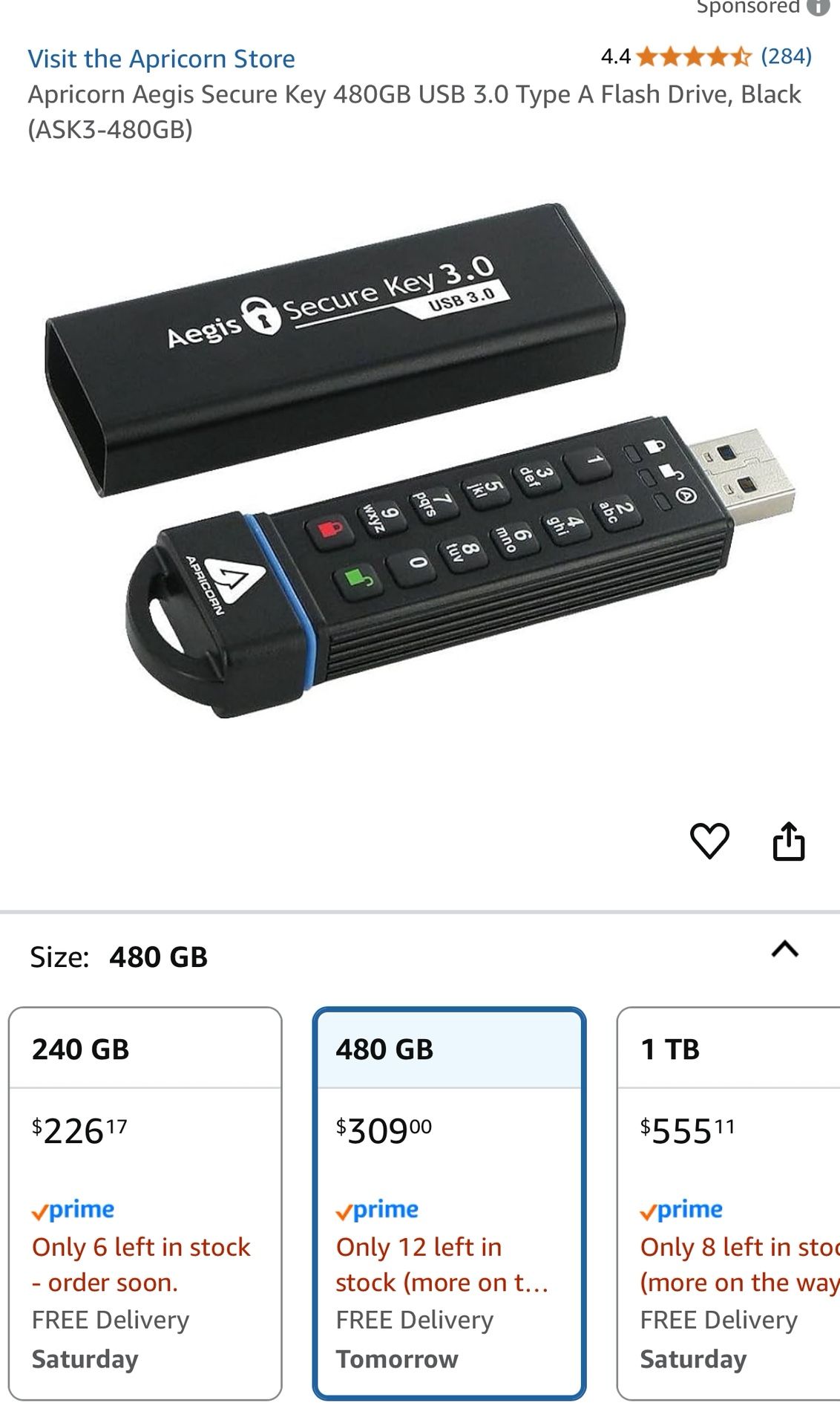 Flash Drive 480GB Aegis Secure Key Fips USB 3.0 