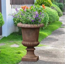 21.3" H Handmade Rustic Brown Fiber Stone Tall Urn Planter Pots - 21.3" H - 21.3" H