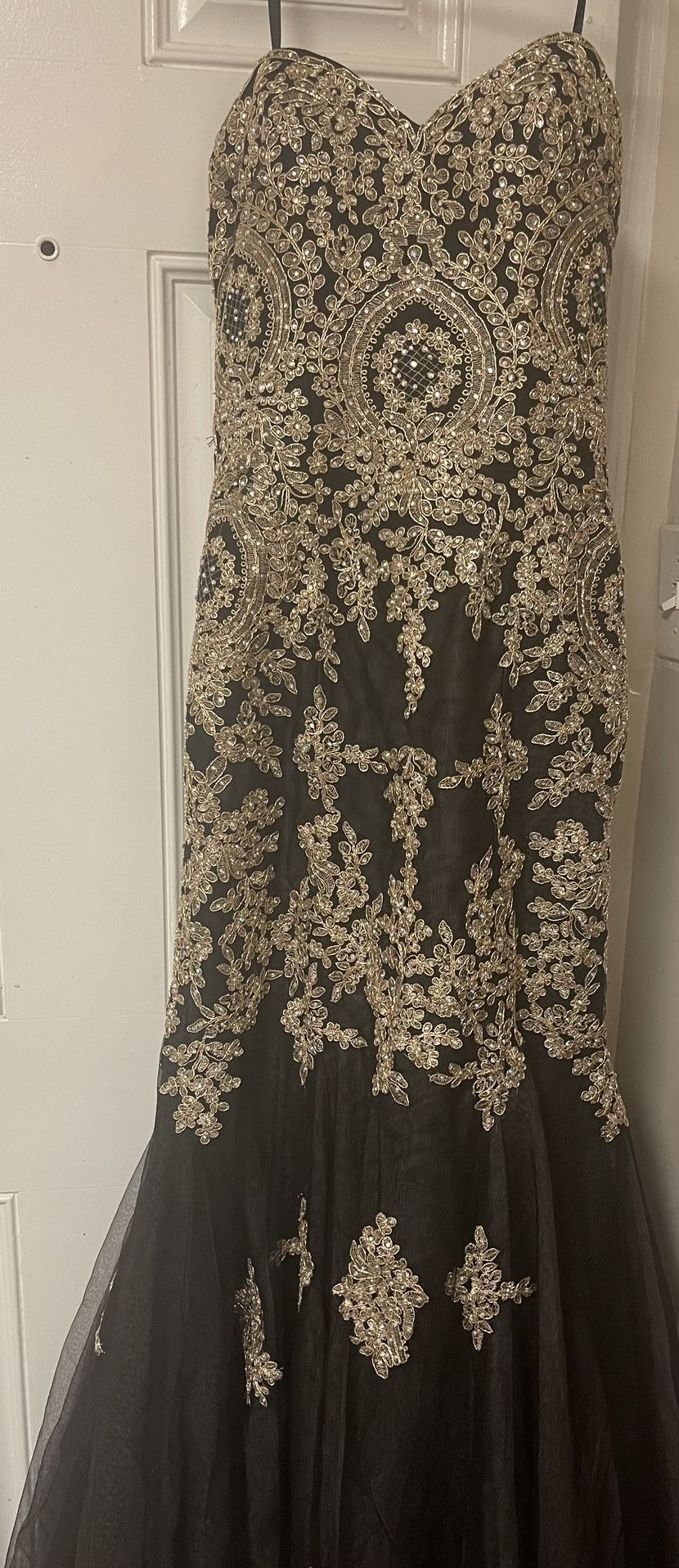 Black Prom Dress With Gold Sparkly Embroidery