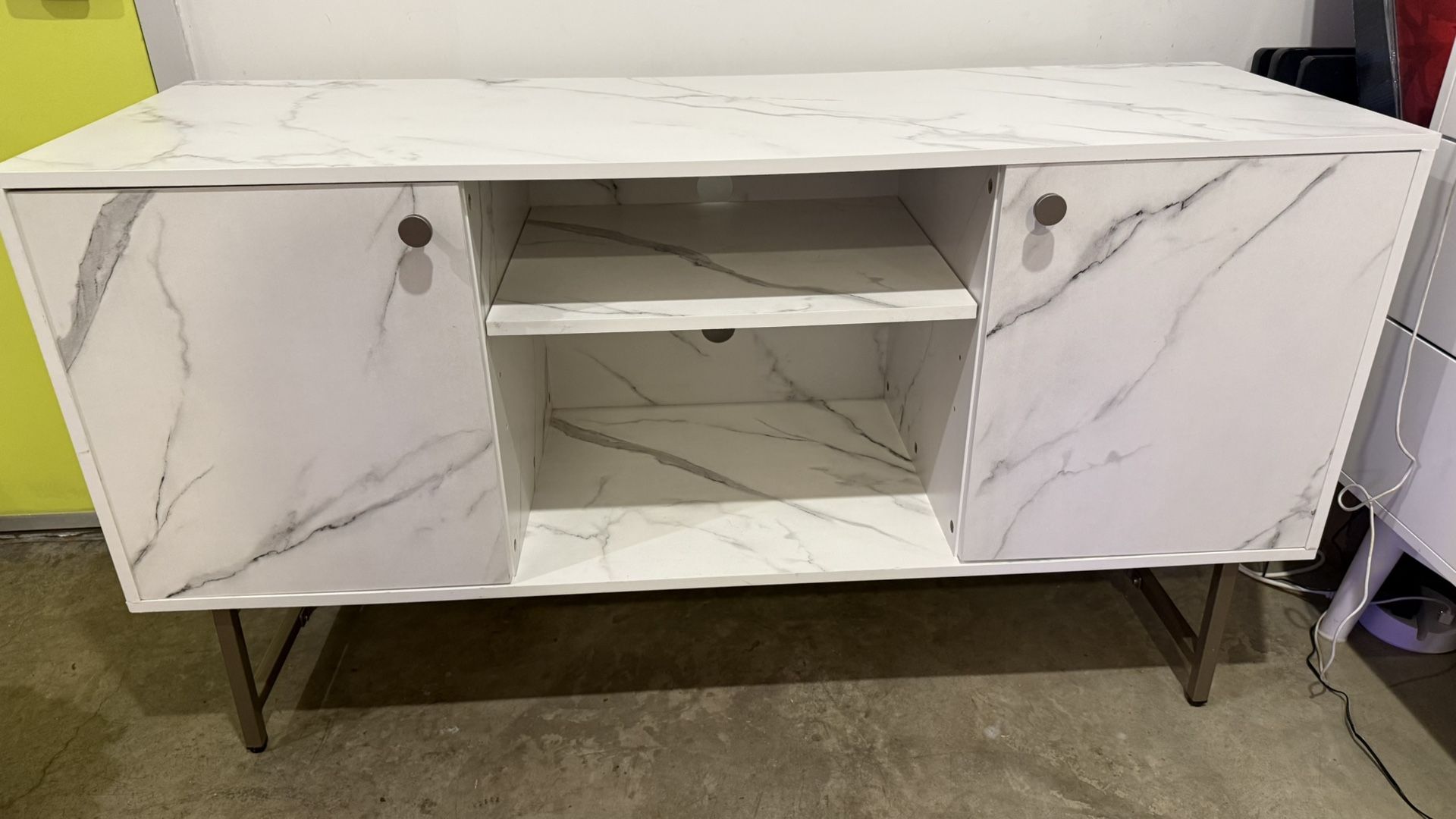 Marbled White TV Stand With Cabinets