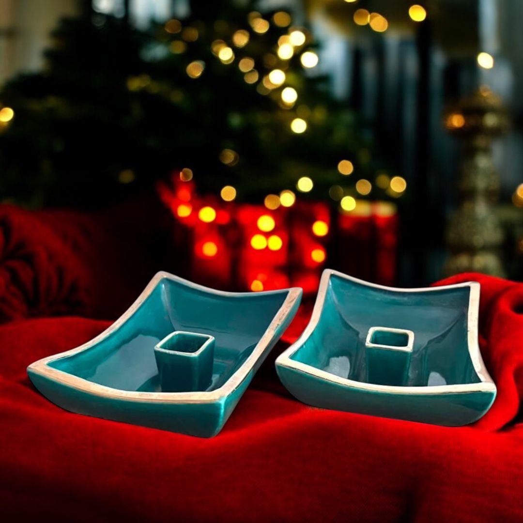 MCM Square Emerald Green & Gold Ceramic Candle Holders Ralph Lauren Christmas