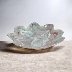 Vintage Hand-Blown Art Glass Ruffled Bowl – Pastel Swirl