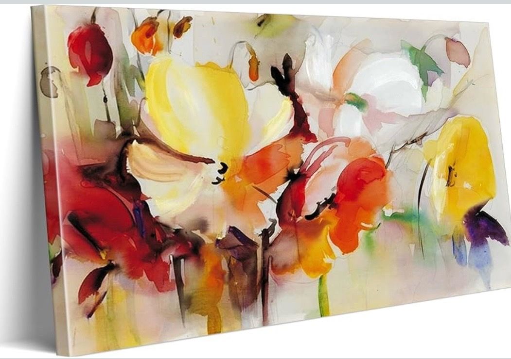 New 16x24”Framed Colorful Flower Canvas Wall Art Watercolor Floral Painting Yellow&Red Ready to Hang