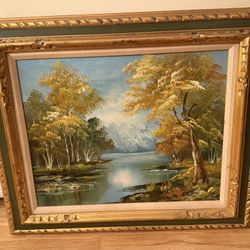 Original Oil Painting on Canvas Autumn River Landscape Unsigned Ornate Carved Gold Frame 16x20