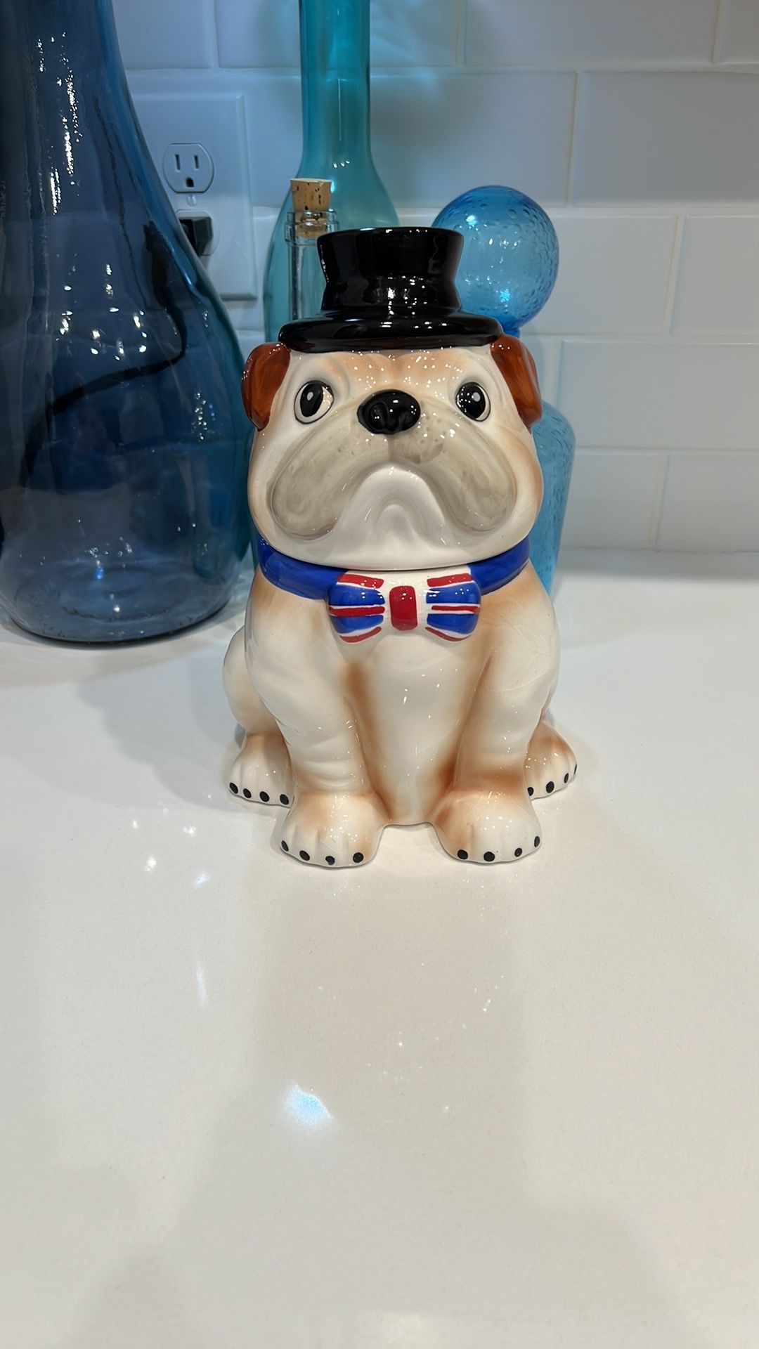 Vintage World Market English Bulldog Cookie Jar Wearing Hat & Union Jack Bow Tie