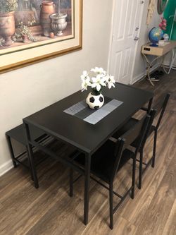 Like new small black dining table set with 2 chairs and a Bench