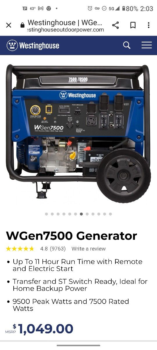 Westinghouse Generator WGen 7500/9500 Brand New!