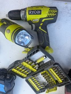 Ryobi Cordless Drill with Flashlight and Bit Set (battery not included)