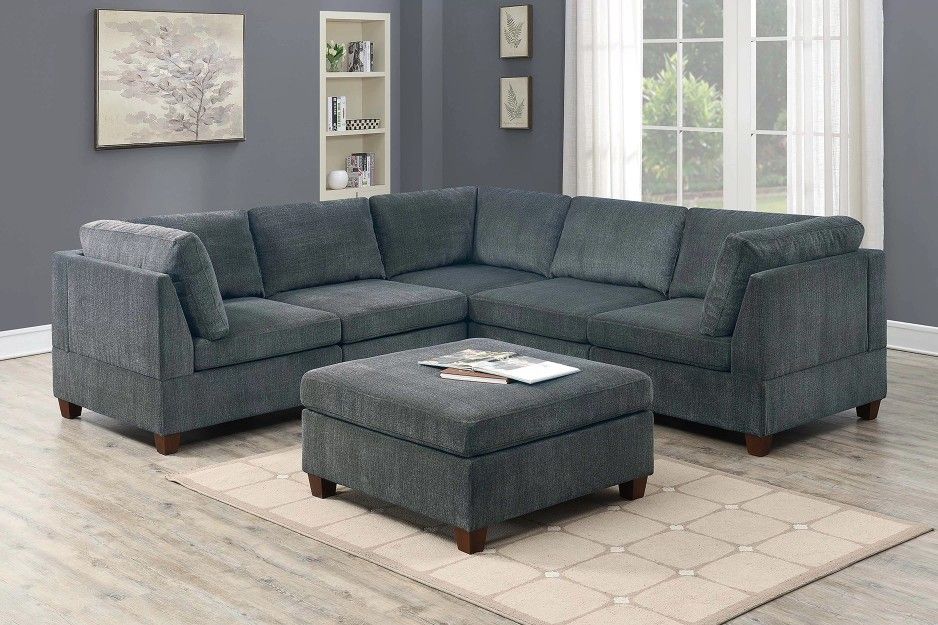 Brand New Grey Chenille Modular Sectional Sofa w Ottoman