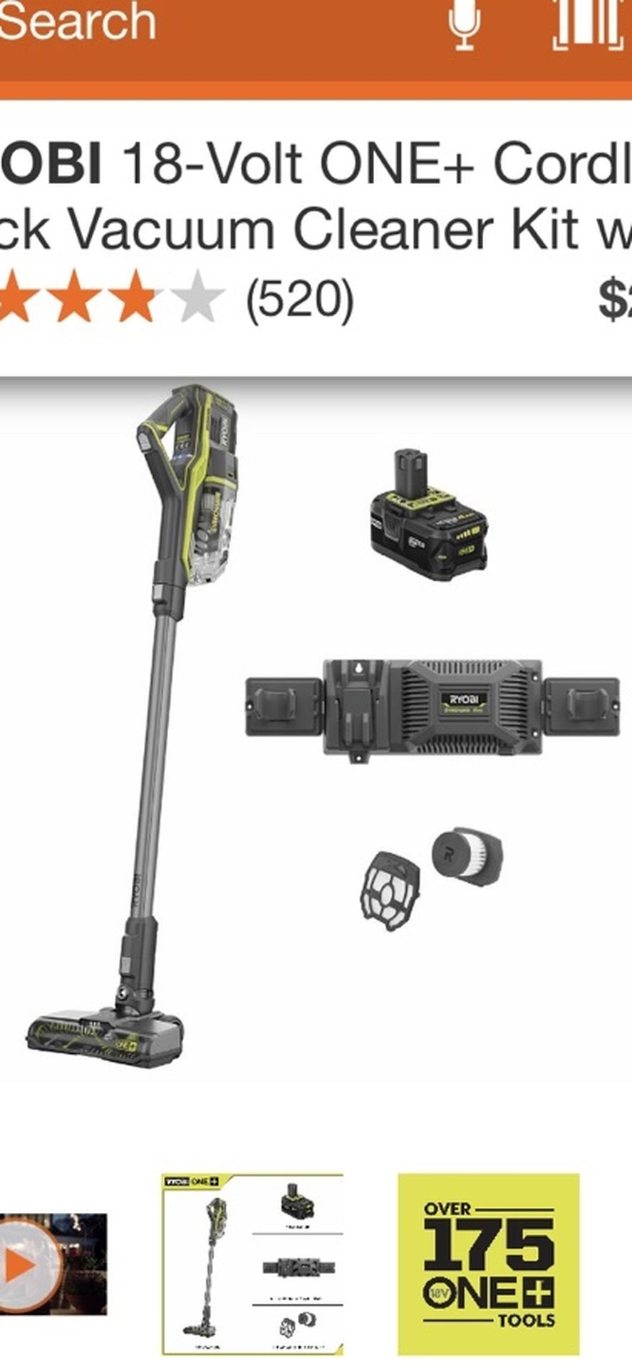 RYOBI 18 V CORDLESS BRUSHLESS STICK VACUUM CLEANER KIT WITH