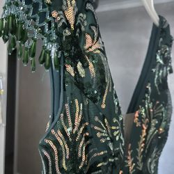 Green With Gold Sequin Evening Dress 