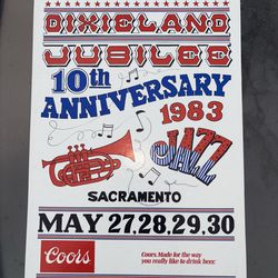Promotional Vtg poster 10th anniversary Dixieland Jubilee in Sacramento CA 1983 memorial weekend 22 x 14” wall hanger or desktop great jazz music fest