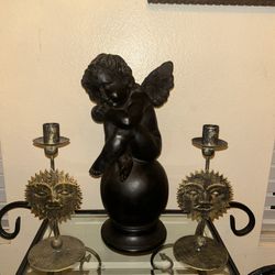 Two Sun Face Celestial Candle Stick Holders w/ Crystal Glass